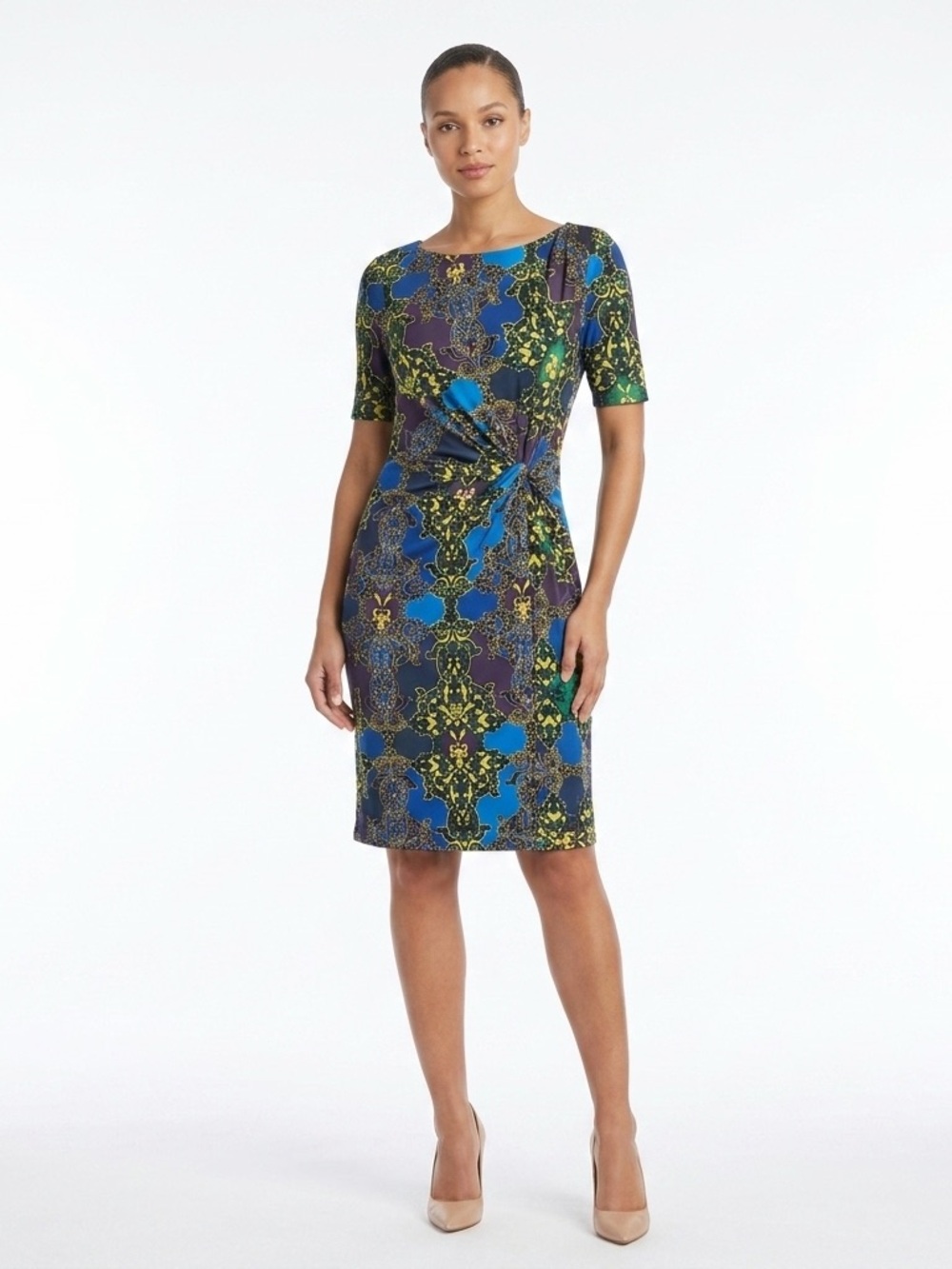 Ellen Tracy Blue and Green Patterned Knot-Front Sheath Dress
